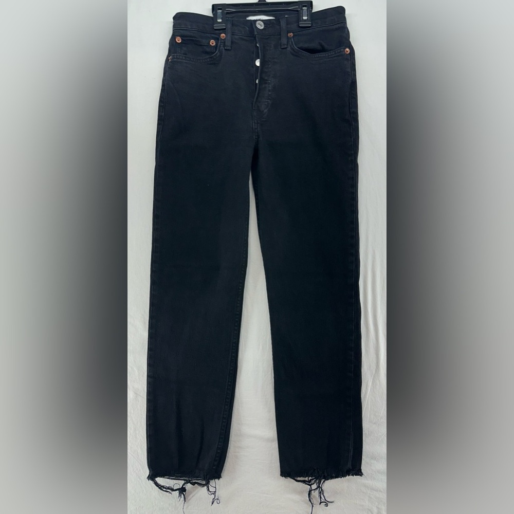 RE/DONE 70s Stovepipe Crop Jeans Jet Black Wash Straight Raw Hem Womens Size 27